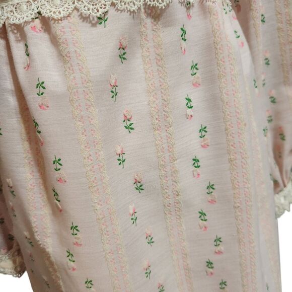 Vintage Handmade Nightgown Dress S Pink Floral Stripe Half Zip Lace Trim - Picture 15 of 15